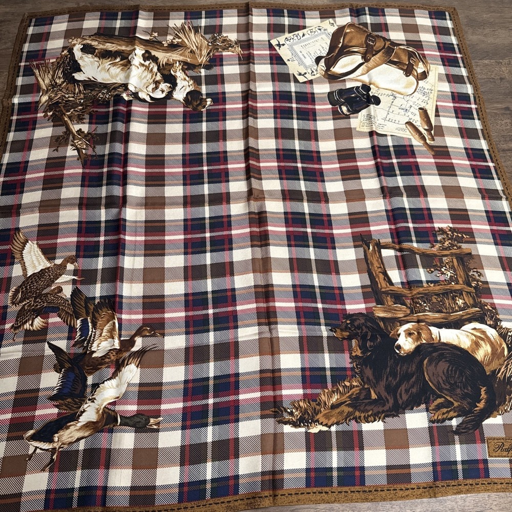 Vintage 34"‎ Ralph Lauren Tartan Plaid Silk Scarf Hunting Sporting Dogs Ducks